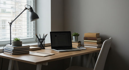 A serene and organized workspace bathed in gentle window light, perfect for focused work or creative endeavors.の素材