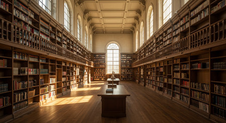 An awe-inspiring, vast library interior with towering bookshelves, illuminated by warm, dramatic sunlight streaming through arched windows.の素材