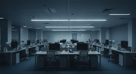 An expansive, empty modern office interior bathed in cool blue light from overhead fluorescents. Numerous workstations with monitors and chairs stand vacant, conveying a sense of quiet solitude or late-night work environment.の素材