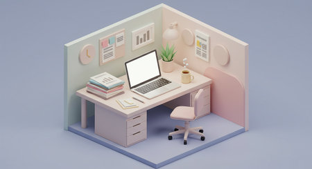 A beautifully rendered 3D isometric diorama of a cozy home office. The scene, in soft pastel hues, shows a tidy desk with a glowing laptop, suggesting a peaceful work-from-home setup.の素材