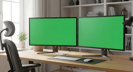 A professional dual-monitor setup on a wooden desk in a bright, modern home office. The green screens are perfect for mockups, with soft natural light from a nearby window.の素材