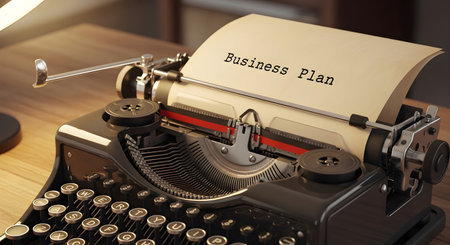 A close-up shot of a vintage typewriter with Business Plan typed on a sheet of paper. The scene is illuminated by warm, soft lighting, creating a nostalgic and focused mood. The typewriter sits on a wooden surface.の素材