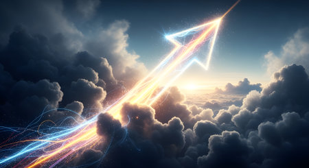 A vibrant, digitally rendered image depicts a glowing arrow of light piercing through a dramatic, cloud-filled sky. The arrow symbolizes growth, success, and upward trajectory. The lighting is ethereal, creating a sense of hope.の素材