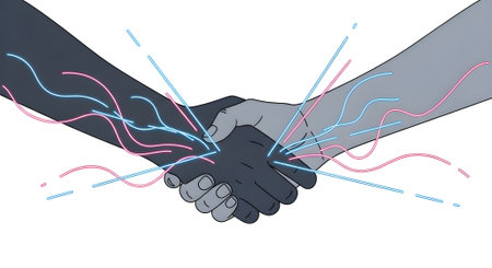An illustration depicts a handshake between two individuals with different skin tones, symbolizing unity, agreement, and collaboration. The image uses stylized lines to represent energy and connection. The composition is simple, yet impactful.の素材