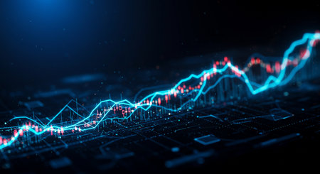 A vibrant blue stock market chart rises against a dark backdrop, symbolizing financial growth and investment success. Candlestick patterns indicate market fluctuations.の素材