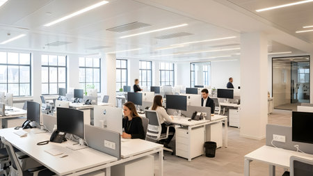 A contemporary office space with people working on computersの素材