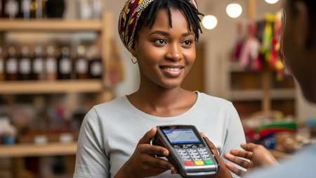 A woman with dreadlocks and a colorful headwrap holds a payment terminalの素材