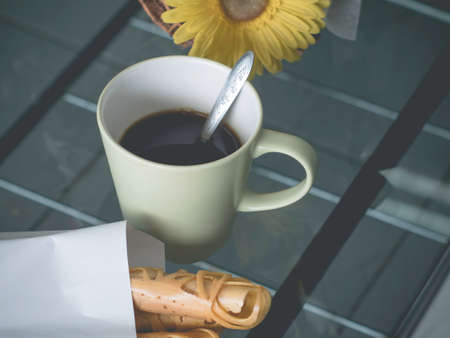 Morning coffee and breakfast close up shoot.の写真素材