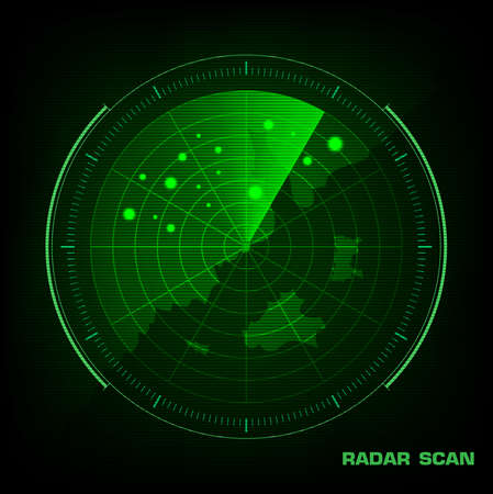 Radar screen with futuristic user interface and digital world map Vector illustration.のイラスト素材