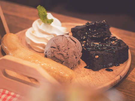 Chocolate Brownie with Chocolate Ice Cream and Banana.の写真素材