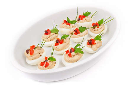 Stuffed eggs isolated on white backgroundの写真素材