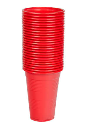 Stack of red plastic cups isolated on white backgroundの写真素材