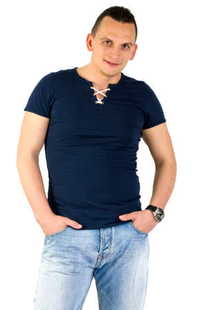 Young man posing in studio isolated on whiteの写真素材