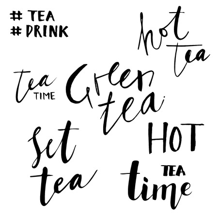 Calligraphy hand written phrases about tea. Hand drawn lettering background. Ink illustration. Modern brush calligraphy. Isolated on white background.のイラスト素材