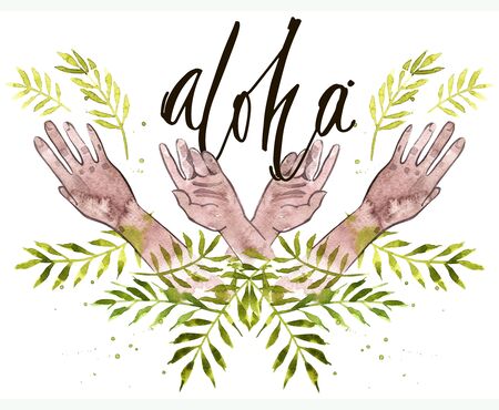 Hands painting with the watercolor leaves palmの写真素材