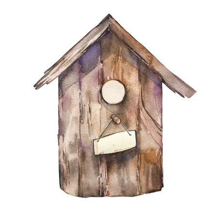 Watercolor birdhouse. Hand painted nesting box isolated on white background. Easter designの写真素材