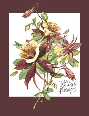 Vintage card with Spring Flowers. Elegance Beautiful greeting card with red flowers. Lettering - It s Spring time. EPS 10のイラスト素材
