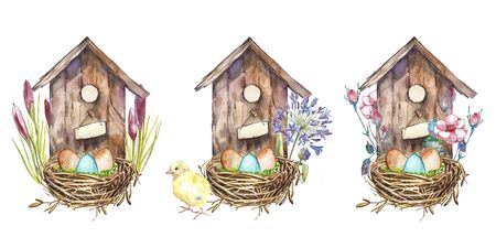 Set watercolor birdshouse with Spring flowers, eggs. Hand painted nesting box isolated on white background. Easter designの写真素材