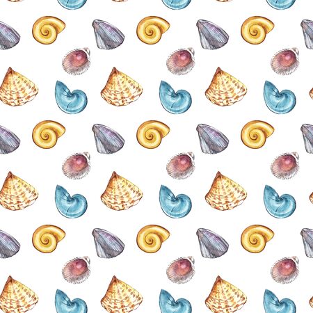 Hand drawn watercolor seamless Seashells pattern. Isolated on white background.の写真素材
