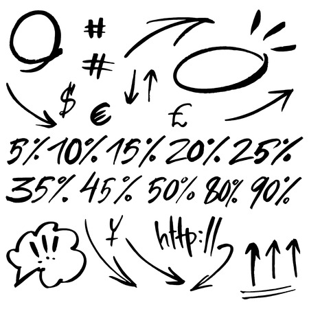Hand drawn signs and numbers for social networks. Sale in the store and phone number. Arrows and dots. EPS 10のイラスト素材