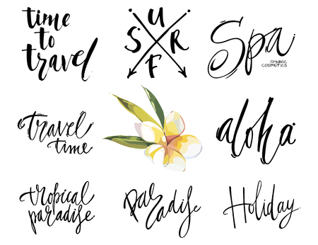 Big set travel phrases. Isolated on white background. Hand drawn lettering.のイラスト素材