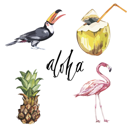 Aloha. Set of cute tropical stickers with flowers, coconut and pineapple and birds. Cute stickers, patches or pins collection. Tropical vibes stickers set.のイラスト素材