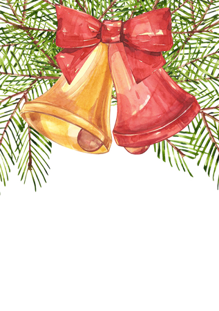 Illustration in Watercolor style of bells and bow and xmas trees. Isolated on white background. Traditional element of Christmas postcard.の写真素材