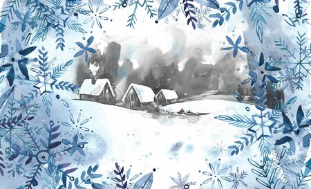 Winter landscape background. Watercolor painting, picture - forest, nature, tree. It can be used as logo, card, illustration.の写真素材