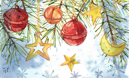 Winter holiday card. Watercolor painting, picture - forest, nature, tree. It can be used as logo, card, illustration.の写真素材