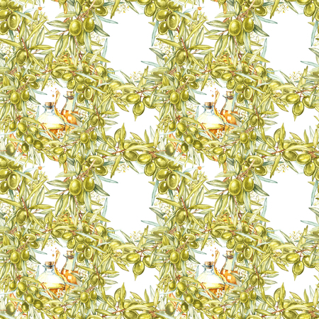 Watercolor seamless pattern with ripe black and green olives on white. Background design for olive oil, natural cosmetics.の写真素材