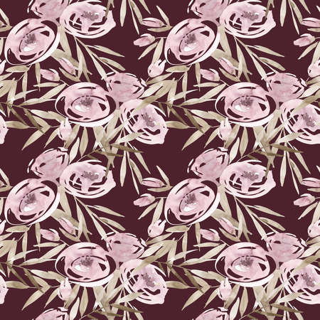 Pale pink roses and peonies with gray leaves on burgundy background. Seamless pattern. Romantic garden flowers illustration. Faded colors.の写真素材