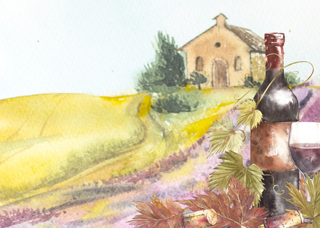 Bottles and leaves of grapes. Background with a lavender field. Watercolor illustration for postcards, scrabbuking. Hand drawn watercolor illustration. Banners of wine vintage background.の写真素材