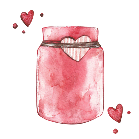 Jar of jam. Watercolor Pink set of elements for Valentines day. Scrapbook design elements. Typography poster, card, label, banner design set.の写真素材