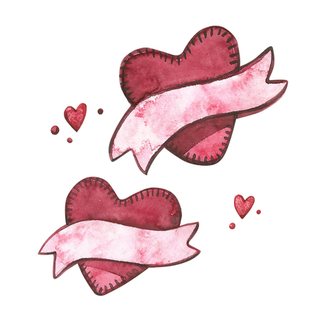 Hand drawn hearts. Watercolor Pink set of elements for Valentines day. Scrapbook design elements. Typography poster, card, label, banner design set.の写真素材