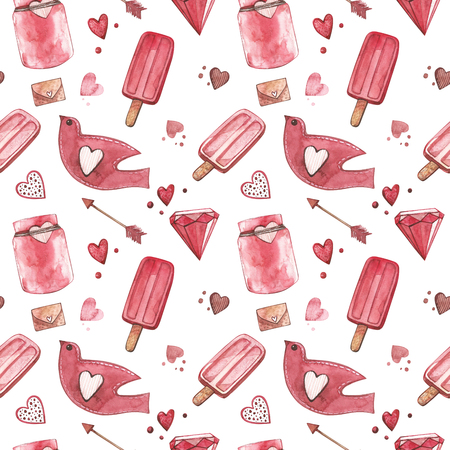 Seamless patterns with birds. Pink Watercolor set of elements for Valentines day. Scrapbook design elements. Typography poster, card, label, banner design set.の写真素材