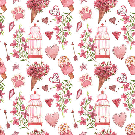 Seamless patterns with bird. Pink Watercolor set of elements for Valentines day. Scrapbook design elements. Typography poster, card, label, banner design set.の写真素材