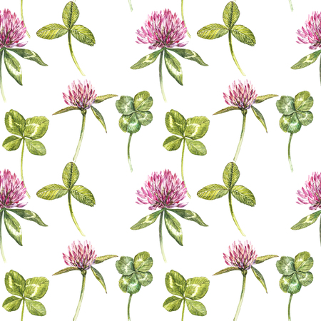 Clover leaf and flowers hand drawn seamless pattern watercolor illustration. Happy Saint Patricks Day.の写真素材