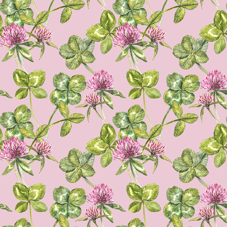 Clover leaf and flowers hand drawn seamless pattern watercolor illustration. Happy Saint Patricks Day.の写真素材