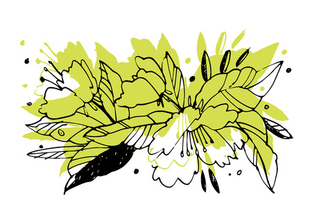 Creative flower graphic illustration. Textures made with black ink. Hand brush painting for your designs: logo, for posters, invitations, cards. Vector illustrationのイラスト素材