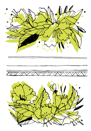 Creative flower graphic illustration. Textures made with black ink. Hand brush painting for your designs: logo, for posters, invitations, cards. Vector illustrationのイラスト素材