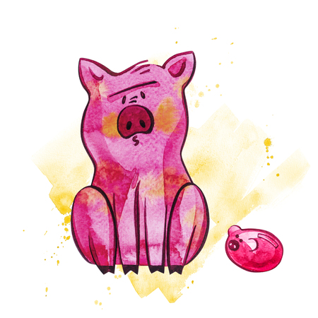 Funny pig. Isolated on white. Cute watercolor illustration. Symbol of the year in the Chinese calendar.の写真素材