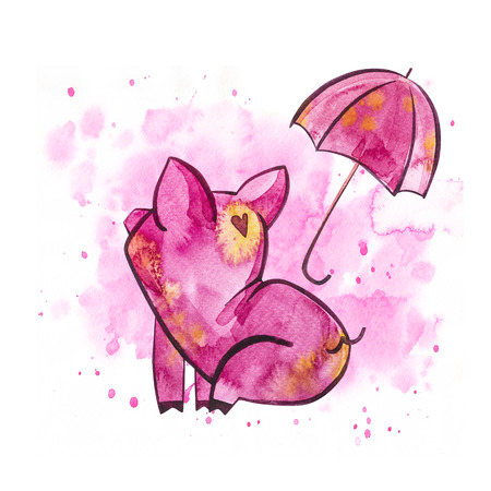 Funny pig. Isolated on white. Cute watercolor illustration. Symbol of the year in the Chinese calendarの写真素材