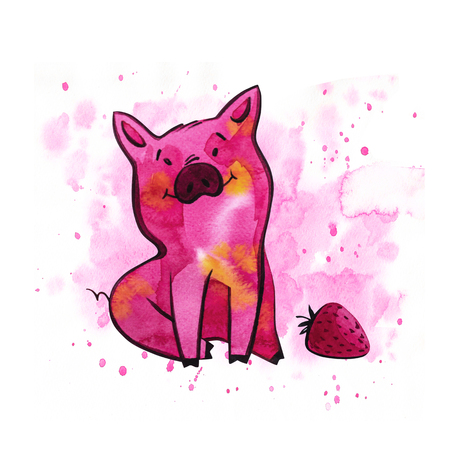 Funny pig. Isolated on white. Cute watercolor illustration. Symbol of the year in the Chinese calendarの写真素材