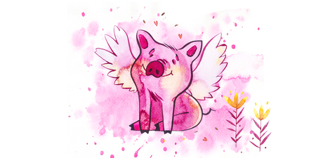 Cute pig with creative 2019 New Year lettering. Symbol of the year in the Chinese calendar. Watercolor illustration for postcard horizontal formatの写真素材