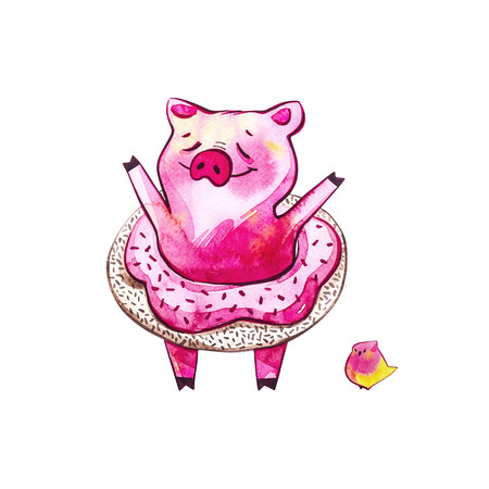 Funny pig. Isolated on white. Cute watercolor illustration. Symbol of the year in the Chinese calendar.の写真素材