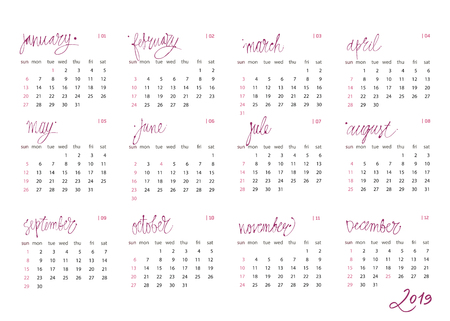 Calendar template set for 2019 year in one vector file. Business organizer design element for print or applications. Regular intervalsのイラスト素材