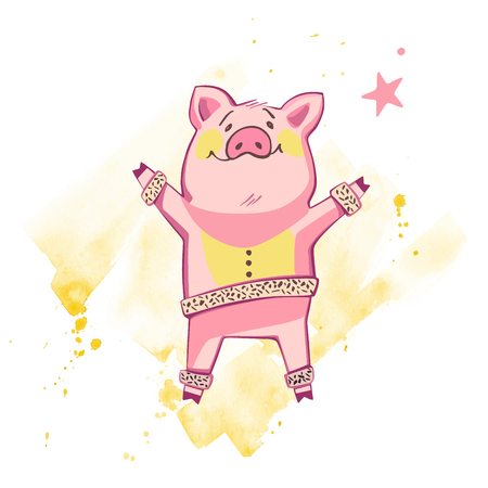 Funny pig. Isolated on white. Cute vector illustration. Symbol of the year in the Chinese calendarのイラスト素材