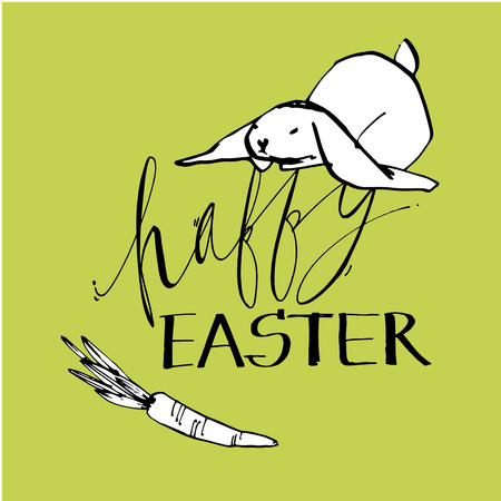 Cute rabbits, hand draw illustration with letterings phrases-Happy Easter. Draw vector illustration set character design of cute rabbit.のイラスト素材