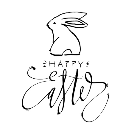 Cute rabbits, hand draw illustration with letterings phrases-Happy Easter. Draw vector illustration set character design of cute rabbit.のイラスト素材