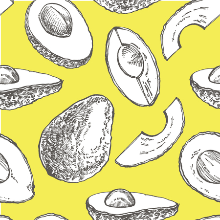 Avocado seamless pattern. Vector hand drawn illustrations. Avocado, sliced pieces, half, leaf and seed sketch. Tropical summer fruit engraved style illustrationのイラスト素材